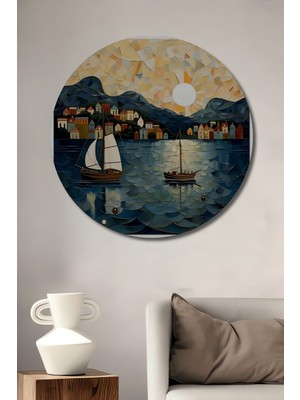 Teona Ahşap Gün Batımı Yelkenli Sahil Kasabası Yağlı Boya Görünümlü Dekoratif Ahşap Tablo Yuvarlak Duvar Tablosu