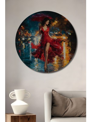 Teona Ahşap Kırmızı Elbiseli Kadın Yağlı Boya Görünümlü Ahşap Dekoratif Tablo Yuvarlak Duvar Tablosu