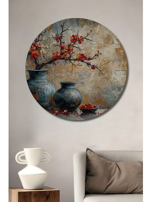 Teona Ahşap Kızıl Çiçekli Vazo Sanatı Yağlı Boya Görünümlü Ahşap Dekoratif Tablo Yuvarlak Duvar Tablosu