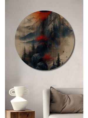 Teona Ahşap Gızemlı Dağ Manzarası Sulu Boya Görünümlü Modern Sanat Ahşap Dekoratif Tablo Yuvarlak Duvar Tablosu
