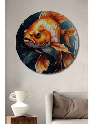 Teona Ahşap Altın Balık Sulu Boya Görünümlü Dekoratif Ahşap Tablo Yuvarlak Duvar Tablosu