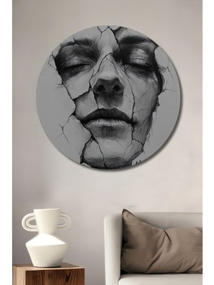 Teona Ahşap Kırık Yüz Kara Kalem Görünümlü Soyut Sanat Ahşap Dekoratif Tablo Yuvarlak Duvar Tablosu