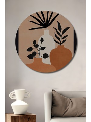 Teona Ahşap Modern Soyut Vazo ve Yaprak Desenli Yağlı Boya Görünümlü Ahşap Dekoratif Tablo Yuvarlak Duvar Tablosu