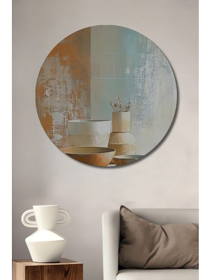 Teona Ahşap Modern Bohem Rustic Vazo ve Kase Kompozisyonu Yağlı Boya Görünümlü Ahşap Dekoratif Tablo Yuvarlak Duvar Tablosu