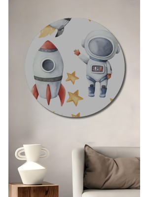 Teona Ahşap Uzay Macerası Sulu Boya Görünümlü Ahşap Dekoratif Tablo Yuvarlak Duvar Tablosu