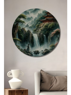 Teona Ahşap Büyük Ay Güneş Dağ Şelale Tapınak Sanat Ahşap Dekoratif Tablo Yuvarlak Duvar Tablosu