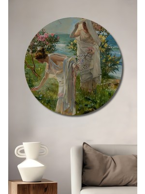 Teona Ahşap Antik Çağ Bahçesinde Iki Kadın Yağlı Boya Görünümlü Ahşap Dekoratif Tablo Yuvarlak Duvar Tablosu