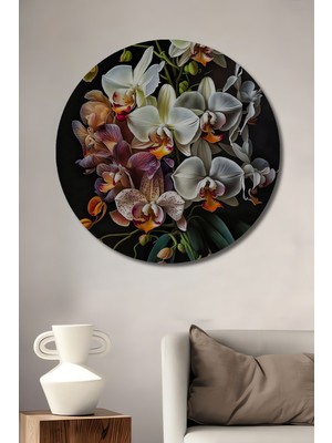 Teona Ahşap Orkide Buketi Yağlı Boya Görünümlü Ahşap Dekoratif Tablo Yuvarlak Duvar Tablosu