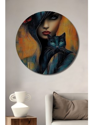 Teona Ahşap Gızemlı Kadın ve Siyah Kedi Yağlı Boya Görünümlü Ahşap Dekoratif Tablo Yuvarlak Duvar Tablosu