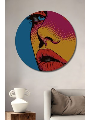 Teona Ahşap Pop Art Kadın Portresi Ahşap Dekoratif Tablo Yuvarlak Duvar Tablosu