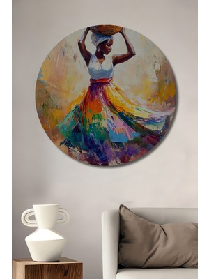 Teona Ahşap Afrika Kadını Sepet Taşıyan Renkli Etek Yağlı Boya Görünümlü Modern Sanat Ahşap Dekoratif Tablo Yuvarlak Duvar Tablosu