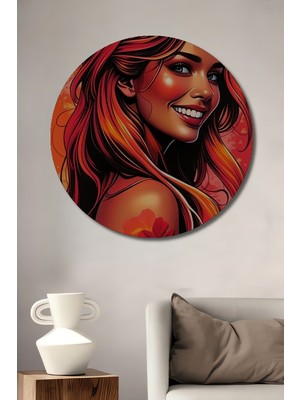 Teona Ahşap Ateş Kırmızısı Saçlı Kadın Portresi Yağlı Boya Görünümlü Modern Sanat Ahşap Dekoratif Tablo Yuvarlak Duvar Tablosu