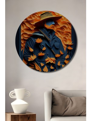 Teona Ahşap Soyut Çiçek Desenli Çiftçi Portresi Yağlı Boya Görünümlü Dekoratif Ahşap Tablo Yuvarlak Duvar Tablosu