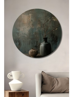 Teona Ahşap Rustik Vazo ve Dallı Bitki Modern Sanat Ahşap Dekoratif Tablo Yuvarlak Duvar Tablosu