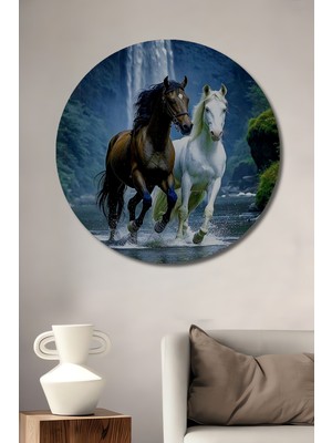 Teona Ahşap Doğa Harikası Atlar Yağlı Boya Görünümlü Ahşap Tablo Yuvarlak Duvar Tablosu