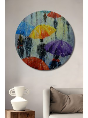 Teona Ahşap Yağlı Boya Görünümlü Yağmur Altında Renkli Şemsiyeler Ahşap Dekoratif Tablo Yuvarlak Duvar Tablosu