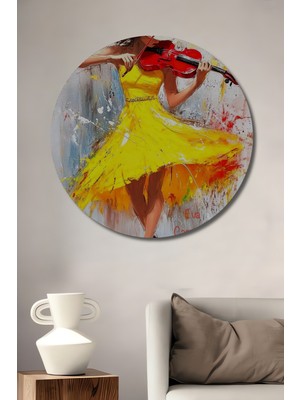 Teona Ahşap Sarı Elbiseli Keman Çalan Kadın Yağlı Boya Görünümlü Ahşap Dekoratif Tablo Yuvarlak Duvar Tablosu