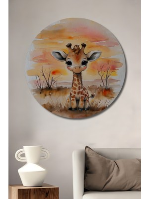 Teona Ahşap Sevimli Zürafa Sulu Boya Görünümlü Ahşap Dekoratif Tablo Yuvarlak Duvar Tablosu