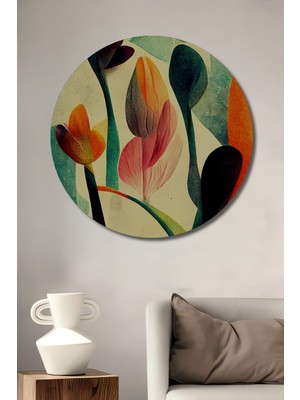 Teona Ahşap Soyut Çiçek Bahçesi Sulu Boya Görünümlü Dekoratif Ahşap Tablo Yuvarlak Duvar Tablosu