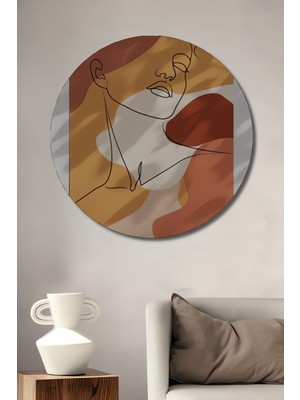 Teona Ahşap Tek Hat Sanatı Kadın Portresi Yağlı Boya Görünümlü Dekoratif Ahşap Tablo Yuvarlak Duvar Tablosu