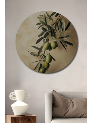 Teona Ahşap Zeytin Dalı Yağlı Boya Görünümlü Dekoratif Ahşap Tablo Yuvarlak Duvar Tablosu