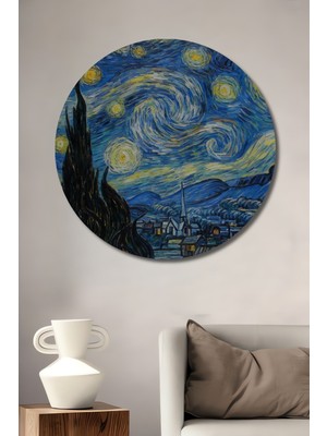 Teona Ahşap Yıldızlı Gece Van Gogh Yağlı Boya Görünümlü Modern Sanat Ahşap Dekoratif Tablo Yuvarlak Duvar Tablosu