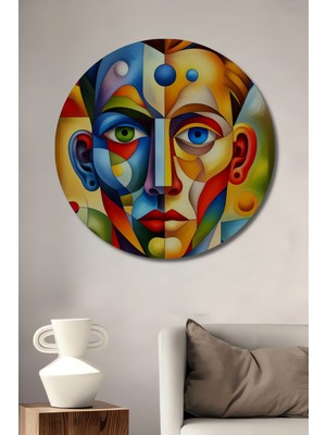 Teona Ahşap Soyut Kübizm Insan Portresi Yağlı Boya Görünümlü Ahşap Dekoratif Tablo Yuvarlak Duvar Tablosu