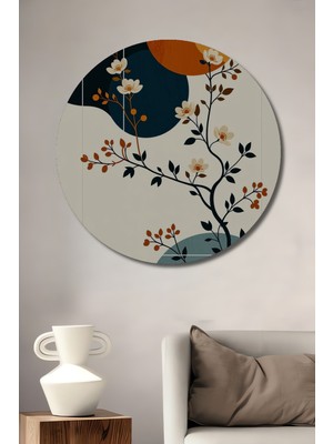 Teona Ahşap Soyut Çiçek Dalı Yağlı Boya Görünümlü Ahşap Dekoratif Tablo Yuvarlak Duvar Tablosu