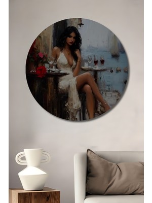 Teona Ahşap Kadın ve Kırmızı Güller Yağlı Boya Görünümlü Ahşap Dekoratif Tablo Yuvarlak Duvar Tablosu