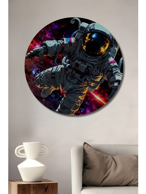 Teona Ahşap Uzay Temalı Astronot Baskılı Ahşap Dekoratif Tablo Yuvarlak Duvar Tablosu