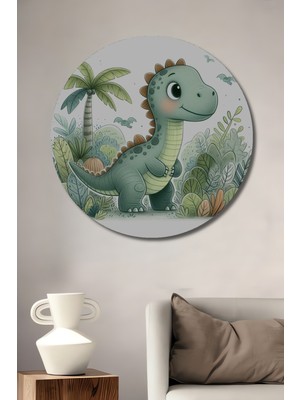 Teona Ahşap Sevimli Dinozor Pastel Boya Görünümlü Ahşap Dekoratif Tablo Yuvarlak Duvar Tablosu