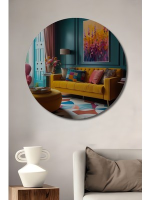 Teona Ahşap Canlı Çiçek Tarlası Yağlı Boya Görünümlü Ahşap Dekoratif Tablo Yuvarlak Duvar Tablosu