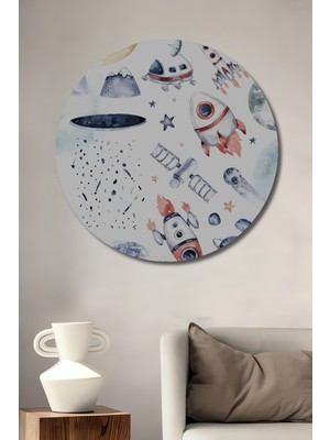 Teona Ahşap Uzay Macerası Sulu Boya Görünümlü Ahşap Dekoratif Tablo Yuvarlak Duvar Tablosu