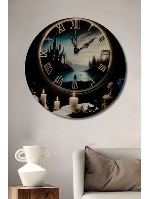 Teona Ahşap Gotik Salon Saati Yağlı Boya Görünümlü Dekoratif Ahşap Tablo Yuvarlak Duvar Tablosu