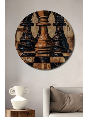 Teona Ahşap Satranç Krallığı Yağlı Boya Görünümlü Ahşap Dekoratif Tablo Yuvarlak Duvar Tablosu