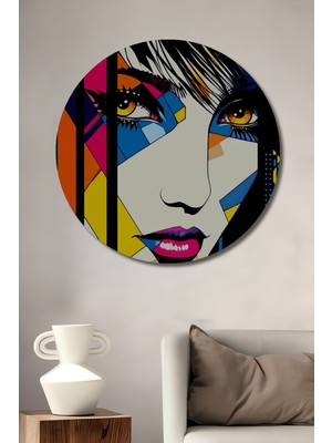 Teona Ahşap Pop Art Kadın Portresi Yağlı Boya Görünümlü Ahşap Dekoratif Tablo Yuvarlak Duvar Tablosu