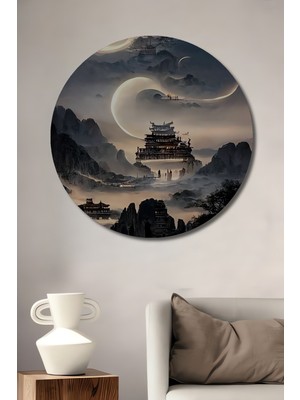 Teona Ahşap Gızemlı Ay Işığında Yüzen Tapınak Yağlı Boya Görünümlü Dekoratif Ahşap Tablo Yuvarlak Duvar Tablosu