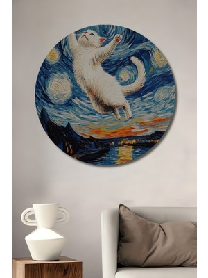 Teona Ahşap Yıldızlı Gecede Uçan Kedi Yağlı Boya Görünümlü Dekoratif Ahşap Tablo Yuvarlak Duvar Tablosu