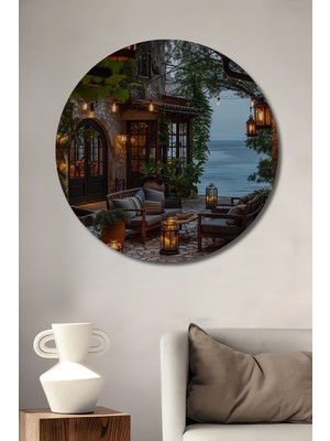 Teona Ahşap Deniz Manzaralı Taş Ev Bahçe Dekoratif Ahşap Tablo Yuvarlak Duvar Tablosu
