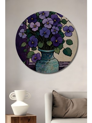 Teona Ahşap Mor Menekşeler Yağlı Boya Görünümlü Dekoratif Ahşap Tablo Yuvarlak Duvar Tablosu