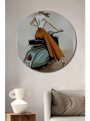 Teona Ahşap Retro Tarzı Kadın ve Scooter Yağlı Boya Görünümlü Ahşap Dekoratif Tablo Yuvarlak Duvar Tablosu