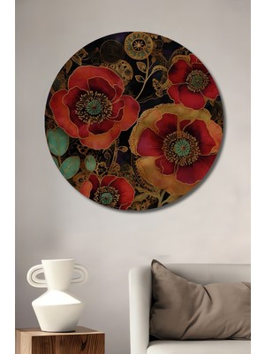 Teona Ahşap Görseldeki Kan Kırmızı Gelincikler ve Altın Detaylı Dekoratif Ahşap Tablo Yuvarlak Duvar Tablosu