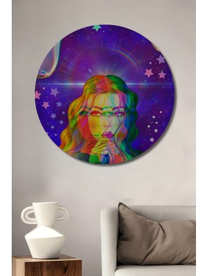 Teona Ahşap Ruhani Renkler Kadın Portresi Yağlı Boya Görünümlü Ahşap Dekoratif Tablo Yuvarlak Duvar Tablosu