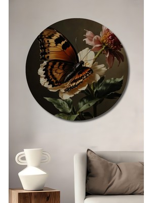 Teona Ahşap Turuncu Siyah Kanatlar Kelebek ve Çiçek Yağlı Boya Görünümlü Ahşap Dekoratif Tablo Yuvarlak Duvar Tablosu