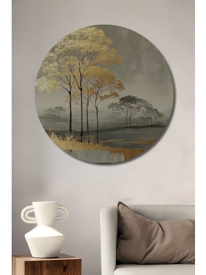 Teona Ahşap Altın Varaklı Soyut Ağaç Manzarası Yağlı Boya Görünümlü Dekoratif Ahşap Tablo Yuvarlak Duvar Tablosu