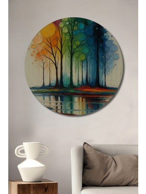 Teona Ahşap Renkli Orman Yansımaları Yağlı Boya Görünümlü Ahşap Dekoratif Tablo Yuvarlak Duvar Tablosu