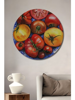Teona Ahşap Renkli Domates Tabağı Sulu Boya Görünümlü Ahşap Dekoratif Tablo Yuvarlak Duvar Tablosu