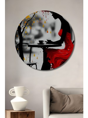 Teona Ahşap Kırmızı Elbiseli Kadın Yağlı Boya Görünümlü Ahşap Dekoratif Tablo Yuvarlak Duvar Tablosu