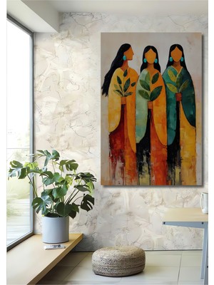 Teona Ahşap Üç Kadın ve Yapraklar Yağlı Boya Görünümlü Dekoratif Ahşap Ev,antre,salon,ofis,mutfak Tablo