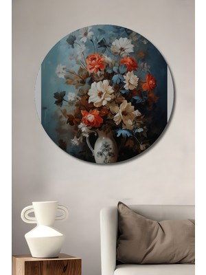Teona Ahşap Canlı Renkler Yağlı Boya Görünümlü Çiçek Buketi Ahşap Dekoratif Tablo Yuvarlak Duvar Tablosu